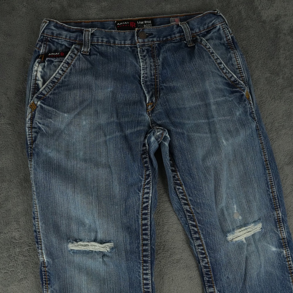 Ariat M4 FR Bootcut Work Pant Mens Fits 33x30 Blue Low Rise Distressed Denim